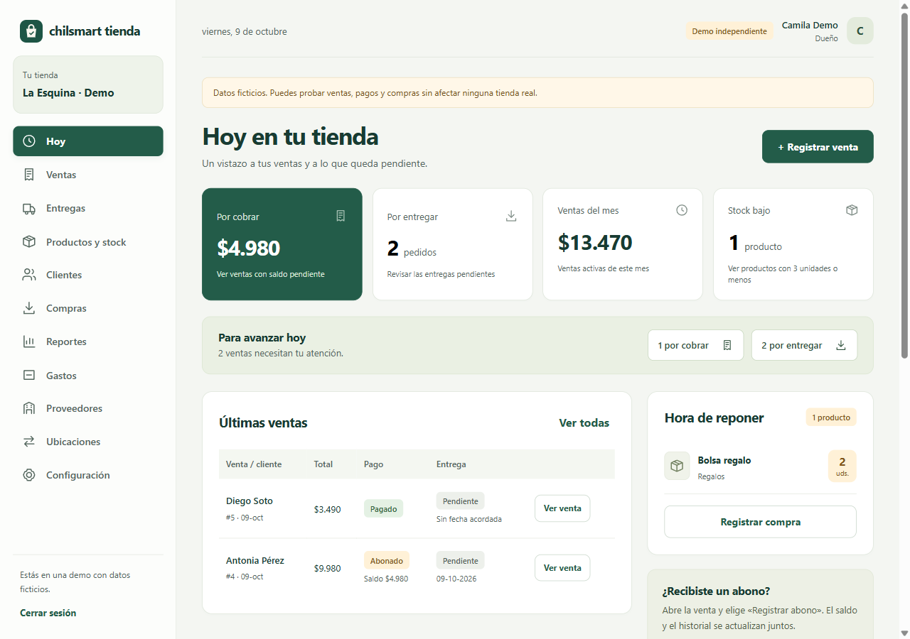 Panel real de Chilsmart Tienda con saldos por cobrar, pedidos por entregar y ventas de una tienda ficticia